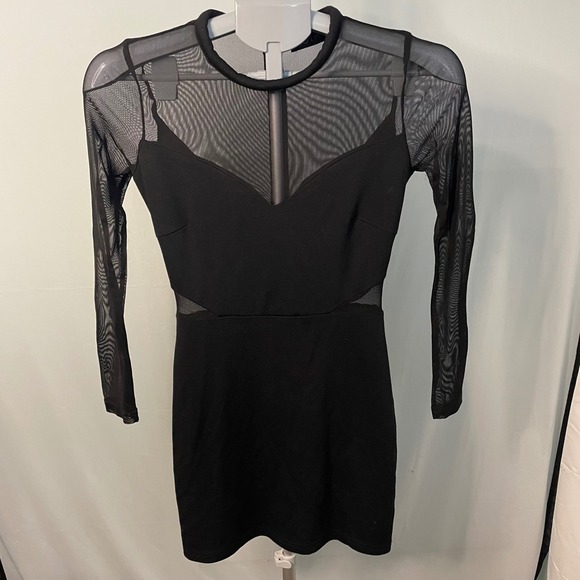 ASTR Black Long Sleeve Mesh Mini Dress Bodycon Party Cocktail XS - Picture 1 of 10